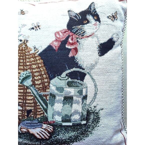 PILLOW-TAPESTRY-ADRIENNE SAMUELSON-Cat-Garden-Bees-Butterfly-Country-12" x 12" - Picture 9 of 14